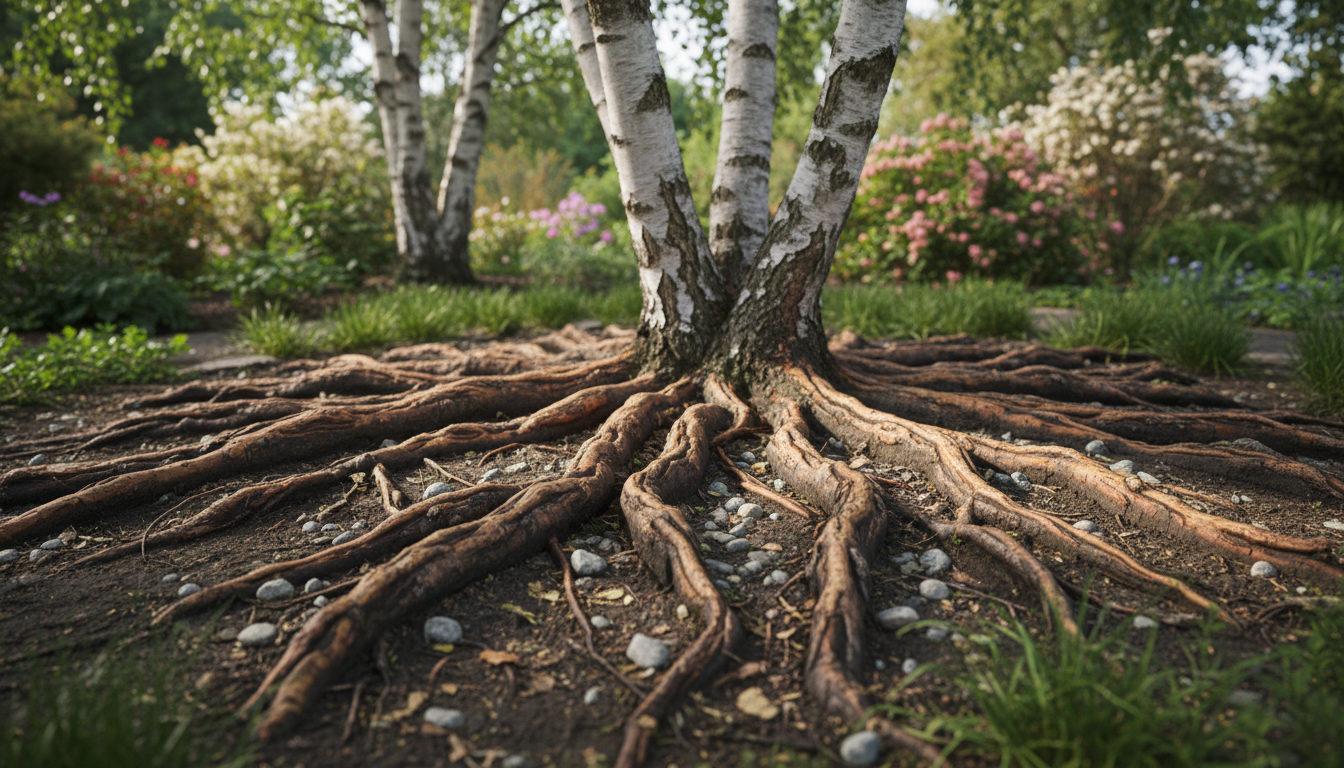 Birkenwurzelsystem flache Wurzeln Garten
