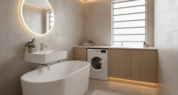 Kleines Badezimmer mit Badewanne und Waschmaschine clever einrichten