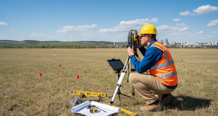 Vermesser bei der Arbeit mit modernem Messinstrument