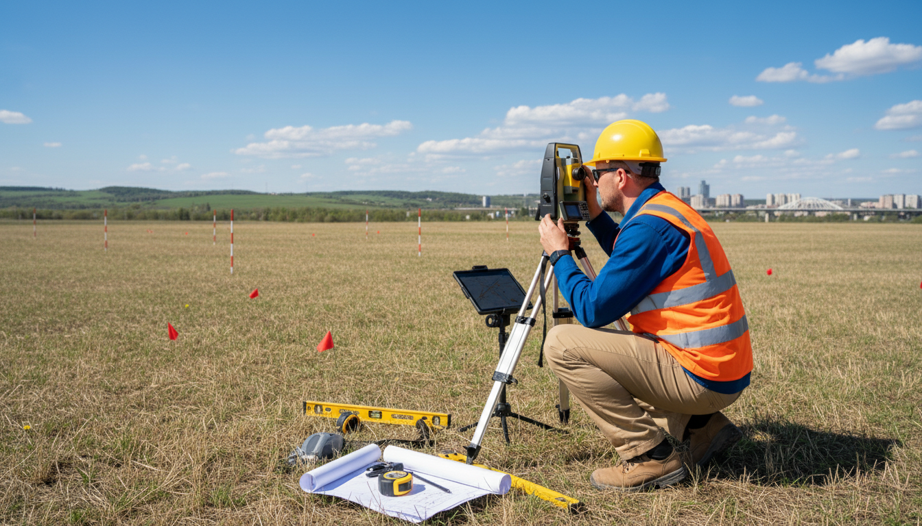 Vermesser bei der Arbeit mit modernem Messinstrument