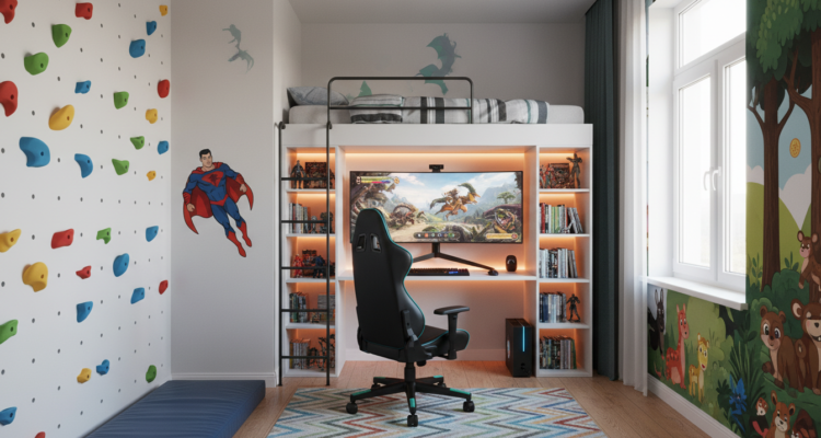 Zimmer für einen 10-jährigen Jungen mit Kletterwand und Gaming-Ecke