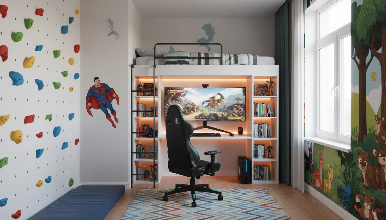 Zimmer für einen 10-jährigen Jungen mit Kletterwand und Gaming-Ecke