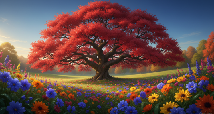 Baum mit roten Blättern im Garten