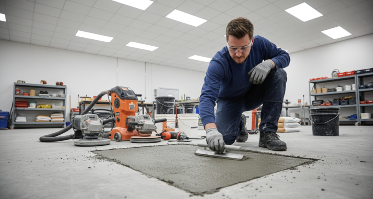 Betonbodenreparatur mit professionellen Werkzeugen