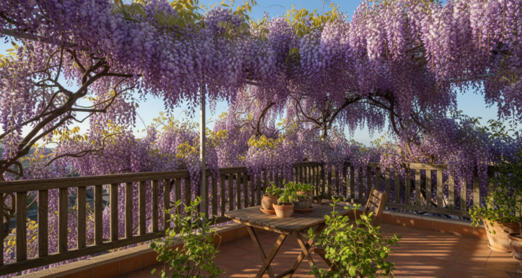 Glyzinien auf der Terrasse mit violetten Blüten