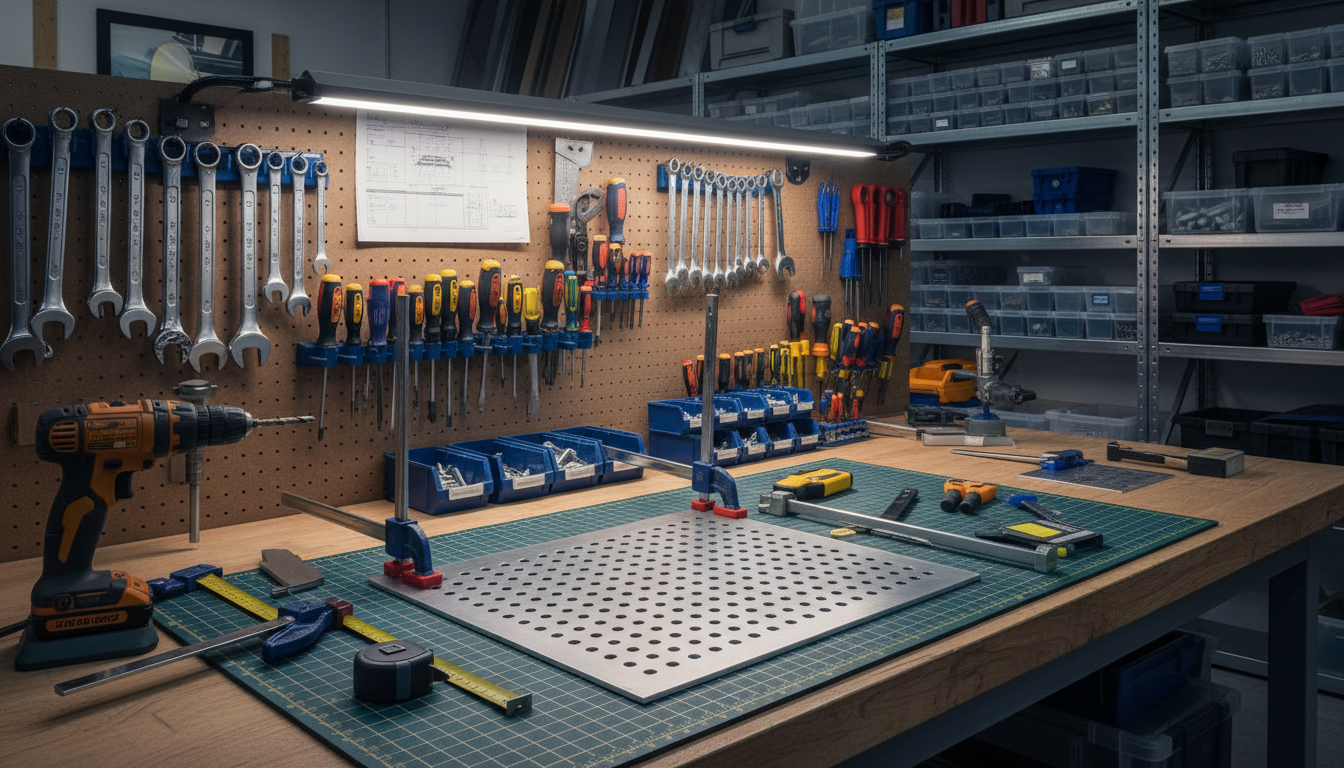 Montage eines Blechs mit Werkzeugen in der Werkstatt